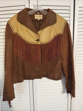 Scully Brown Leather Jacket with Mustard Yoke and Rust Fringe